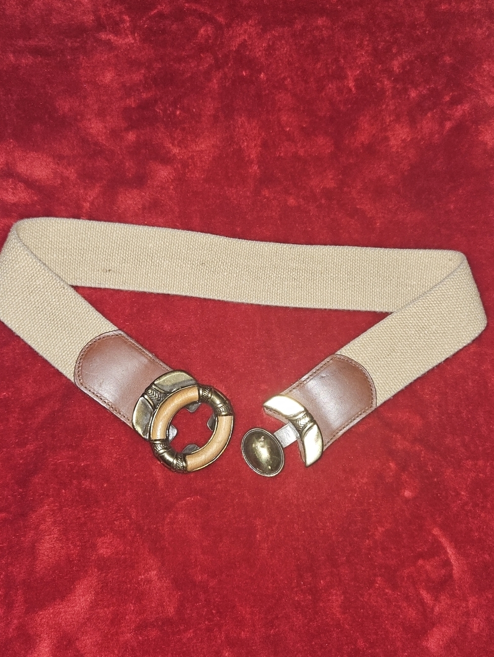 Omega Vintage Boho Beige Canvas Belt w/Brown Leather & Brass Buckle-Size M/L - Picture 3 of 5